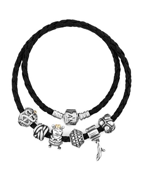 Pandora Bracelet Black Leather With Sterling Silver Charms Moments