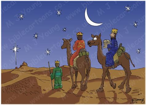Three wise men on camels. Bible Cartoons: Matthew 02 - The Nativity - 3 wise men