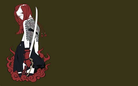 Wallpaper Illustration Redhead Anime Girls Tattoo Katana Sword