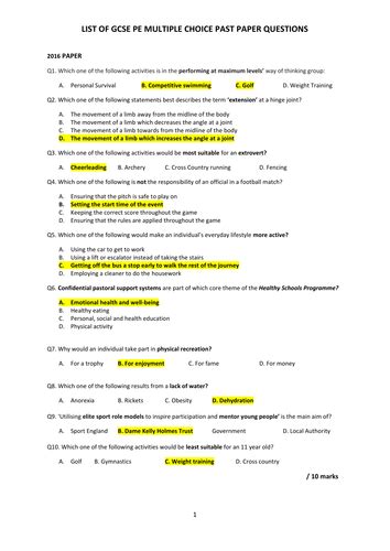 Aqa Gcse Pe 60 Past Paper Multiple Choice Questions And Answers