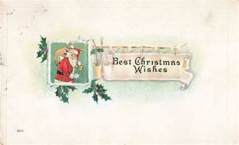 Vintage Postcard Best Christmas Wishes Banner With Holly And Santa Claus