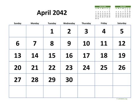 April 2042 Calendar With Extra Large Dates