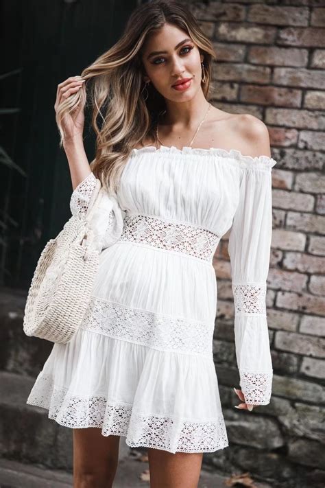 Summer New Long Sleeve White Boho Dress Flare Sleeve Patchwork Lace Mini Dress Hollow Out Cotton