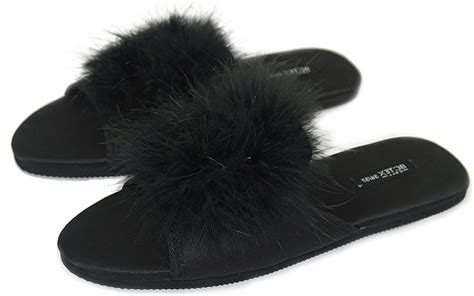 Bctex Coll Womens Slipper Open Toe Feather House Slippers Ladies Satin Pom Pom Flat With Cozy