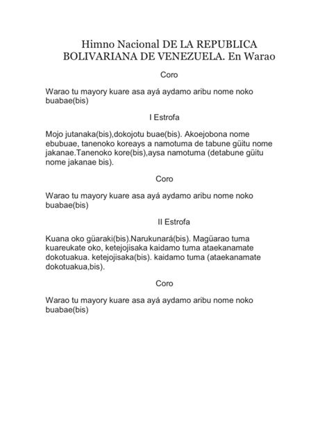 Himno Nacional De La Republica Bolivariana De Venezuela En Warao