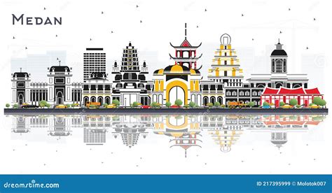 Medan Indonesia City Skyline With Color Buildings And Reflections