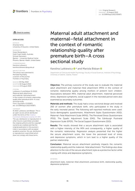 Pdf Maternal Adult Attachment And Maternalfetal Attachment In The