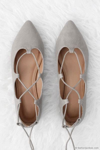 Faux Leather Pointy Strappy Ballet Ballerina Lace Up Flats Grey