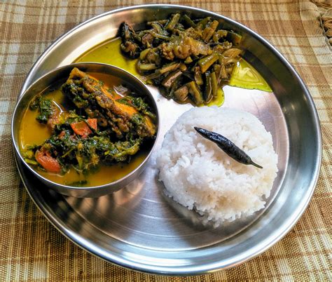 Assamese Style Everyday Lunch Platter Bhat Lofa Xaak Aru Mass