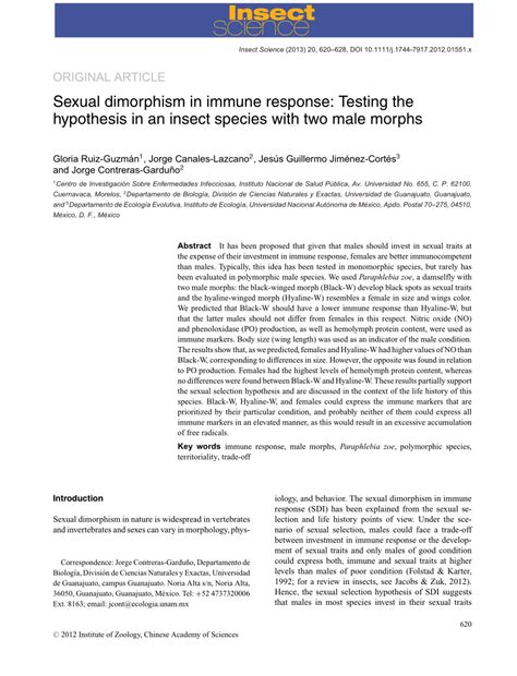 Pdf Sexual Dimorphism In Immune Response Testing The Hypothesis In An Insect Species With Two