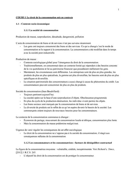 Notes De Cours Droit De La Consommation Cours Le Droit De La