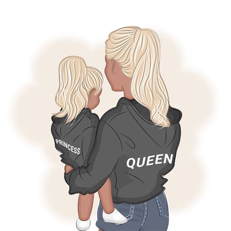 Mother and daughter in an embrace, hoodie with the word queen and