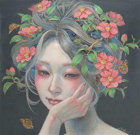 Summer Face Portrait Red Luminos Butterfly Girl Asian Flower Painting Hd Wallpaper