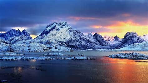 Norway Sunset Snowy Mountains Winter Landscape Hd Wallpaper Widescreen