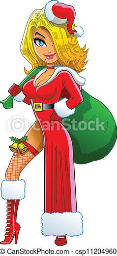 Clip Art Vector Of Sexy Blond Christmas Girl Wearing Santa Claus Suit And Csp