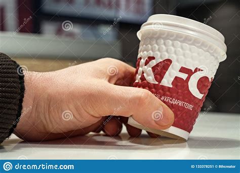 Minsk Belarus November 28 2017 Cup Of Coffee With Logo Kfc In Hand