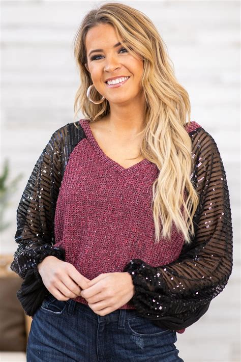 burgundy and black sequin sleeve top · filly flair