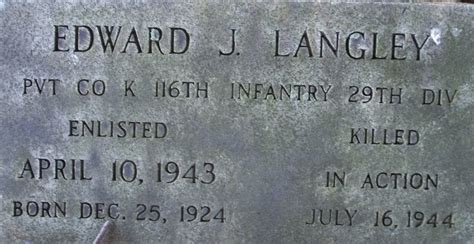 116th Infantry Regiment Roll Of Honor Pvt Edward John Langley