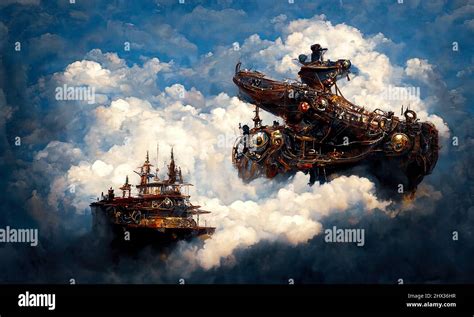 A Steampunk Flying Ship Plows The Skies Through The Clouds Stock Photo