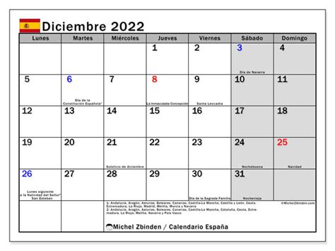 Calendario “españa” Diciembre De 2022 Para Imprimir Michel Zbinden Es
