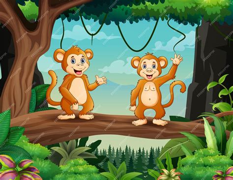 Premium Vector Cartoon Two Cute Monkeys Standing On Wood