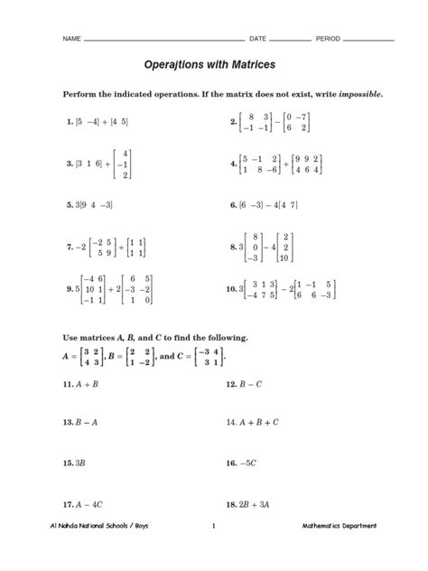 Matrices Worksheet Pdf Operator Theory Matrix Mathematics