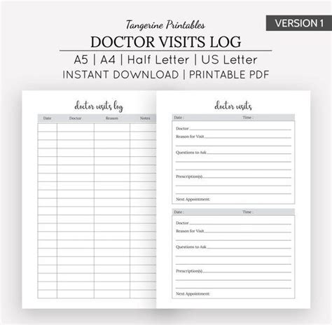 Doctor Visits Doctor Visits Log A5 A4 Us Letter Half Letter Size