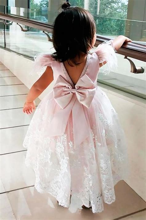 Lace Flower Girl Dresses Open Back Blush With Big Bows Ittybittytoes