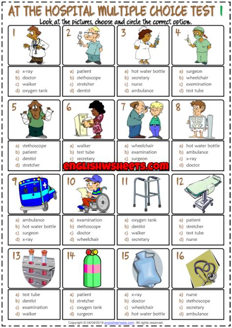 Hospital Vocabulary Esl Printable Multiple Choice Tests