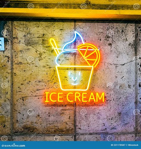 Closeup Of An Ice Cream Neon Light Sign On A Wall Of A Cafe Stock Image Image Of Bright Decor