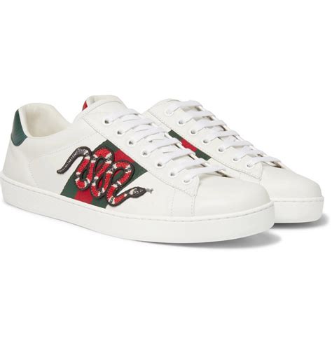 Gucci Ace Watersnake Trimmed Appliquéd Leather Sneakers Men White