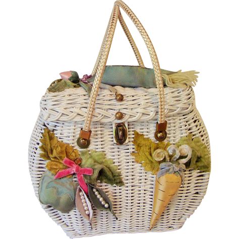 Midas Of Miami Vintage 1950s Handbag Wicker Purse Original Embellished Vegetable Design