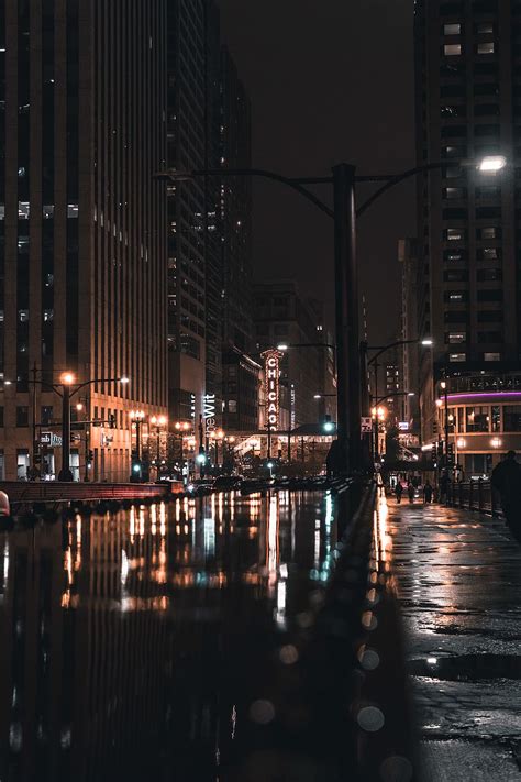 Hd Wallpaper Chicago United States Rain Theatre City Wet Night