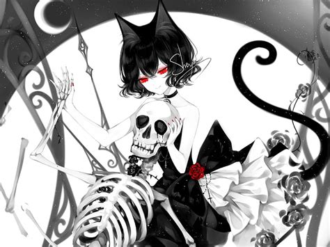 Hd Wallpaper Anime Original Black Hair Girl Red Eyes Skeleton
