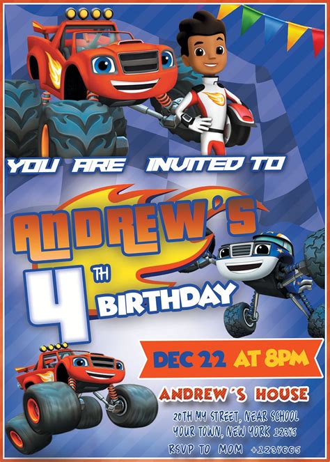 In dinocoaster, zeg gets a ticket so he, blaze and aj can ride the titular ride. Blaze and the Monster Machines Blue Birthday Invitation - oscarsitosroom | Kids birthday party ...