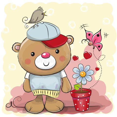 Cute Cartoon Teddy Bear With Flower Stock Vector Illustration Of Love