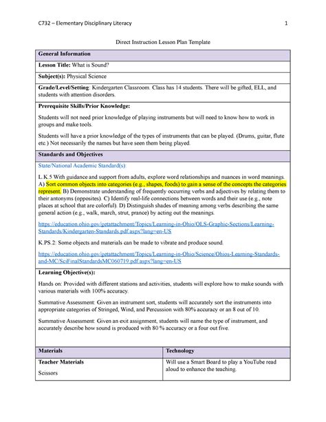 C732 Elementary Disciplinary Literacy Direct Instruction Lesson Plan