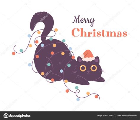 Cute Black Cat Santa Hat Playing Christmas Garland Merry Christmas