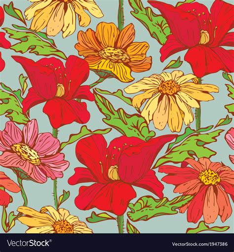 Floral Seamless Pattern With Hand Drawn Flowers Vector Image