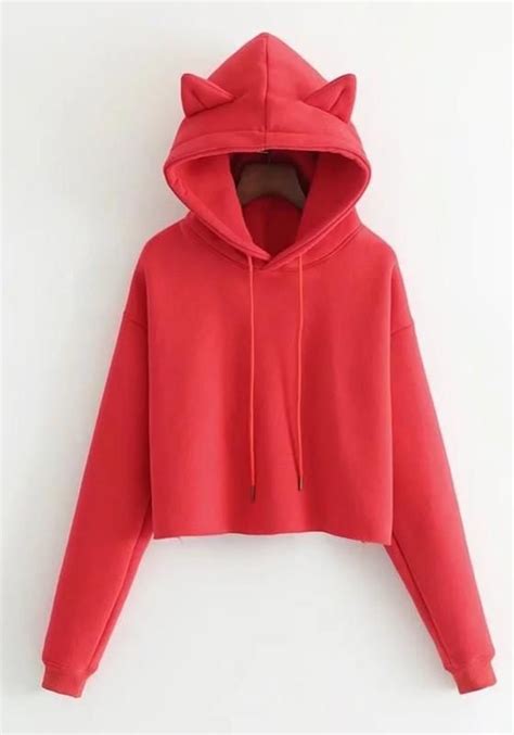 Red Drawstring Cat Ear Hooded Long Sleeve Sweet Pullover Sweatshirt Cropped Hoodie Cardigans