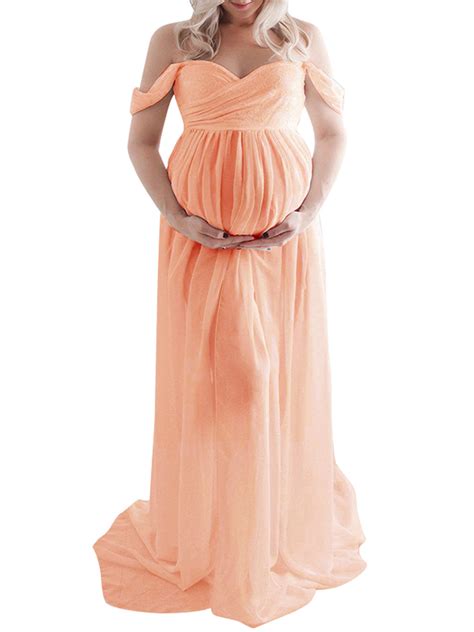 Lilylll Womens Pregnants Front Split Off Shoulder Maxi Maternity Dress