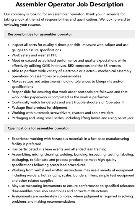 Assembler Operator Job Description Velvet Jobs
