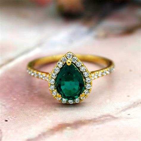 Pear Emerald Halo Diamond Engagement Ring Simulated Emerald Etsy