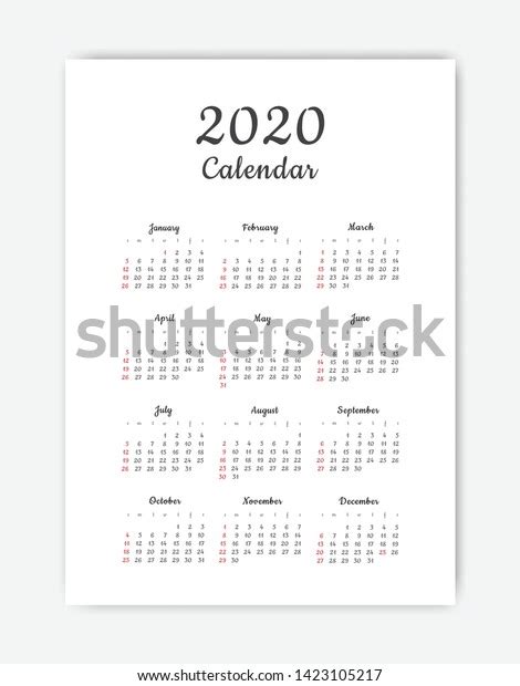 Calendar 2020 Template 12 Months Include Stock Vector Royalty Free
