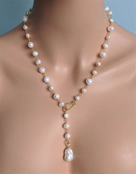 Lariat Genuine Gorgeous Cultured Baroque Pearl Necklace 24k Etsy