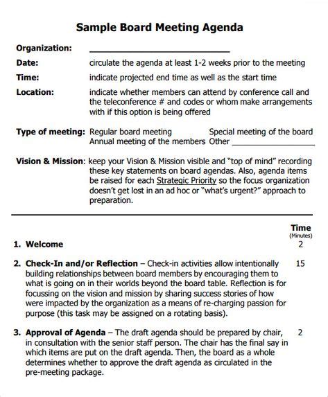board meeting agenda templates  printable word excel