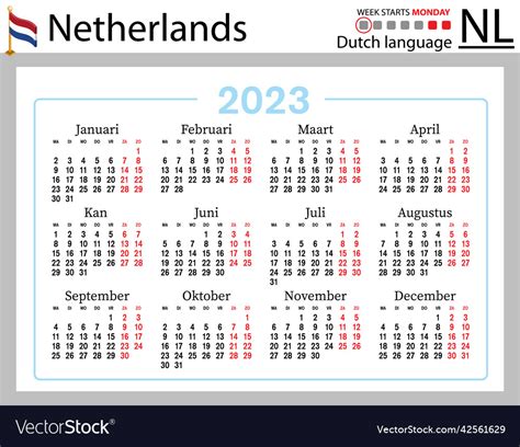 Dutch Horizontal Pocket Calendar For 2023 Week Vector Image