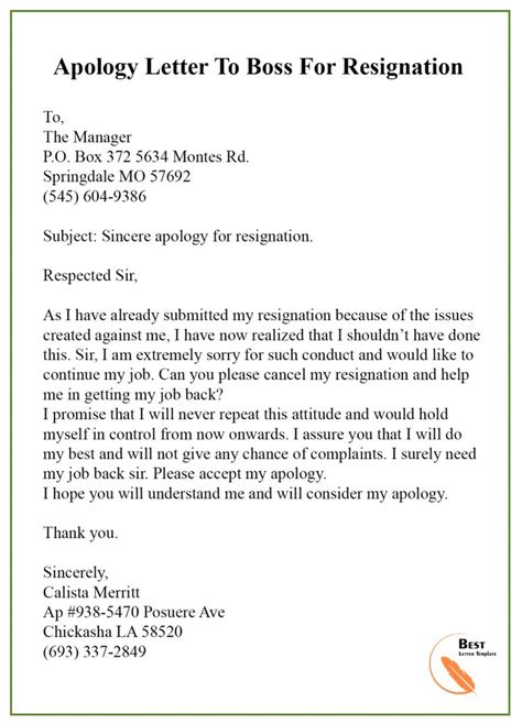 Apology Letter Template To Boss Manager Sample And Examples Best