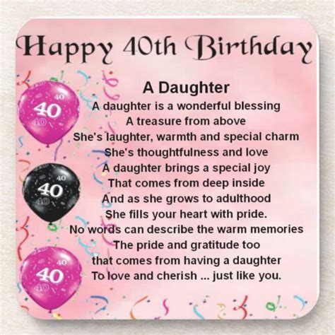 Daughter Poem 40th Birthday Coaster