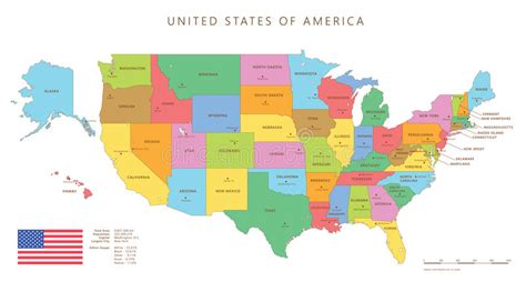 Colored United States Map With Names And Capitals Stock Vector